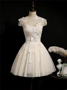 Picture of Ivory Homecoming Dresses With Cap Sleeves, Butterfly Appliques Short Prom Dresses